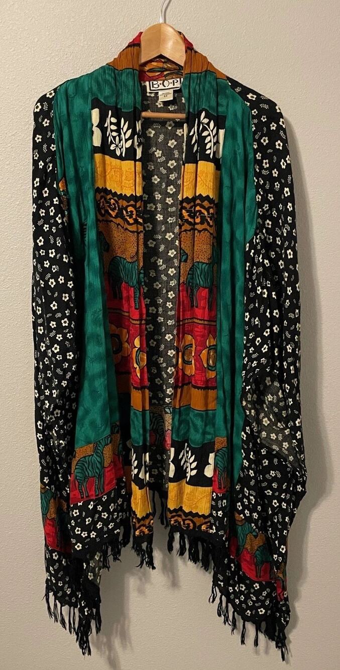 VTG BOP Kimono Womens 5X Multicolor Floral Animal Beaded Fringe Safari Boho 90s